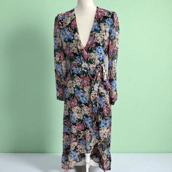 WAYF Floral Ruffle Midi Wrap Dress Size Medium - Picture 1 of 10